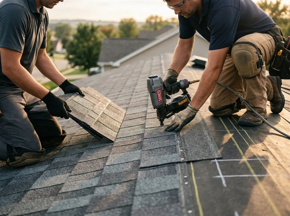 Professional roofer working on a residential roof in Wildomar